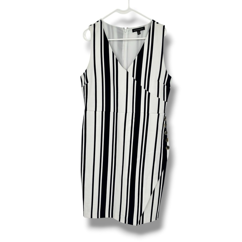Banana Republic Striped Sheath Dress 12 Black White Wrap Side Button Office Chic